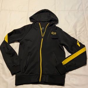 Black Fox Zip Up Jacket with Yellow Stripes on the Sleeves and “Fox” Detail